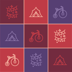 Poster - Set line Carnival garland with flags, Vintage bicycle and Circus tent icon. Vector