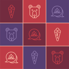 Poster - Set line Ice cream in waffle, Circus tent and Bear head icon. Vector