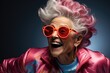 © piai - Close up photography of a funny and positive grandmother wearing colorful outfit is dancing. Generation AI