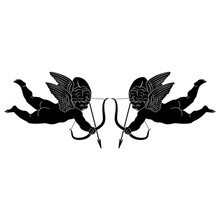 Symmetrical Design With Two Flying Cupids Or Amurs With Bows And Arrows. Winged Baby God Of Love Eros. Romantic Symbol, Saint Valentine Day Motif. Black And White Silhouette. 