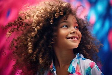 Wall Mural - close up portrait happy young African girl with with long curly hair, Generative Ai 