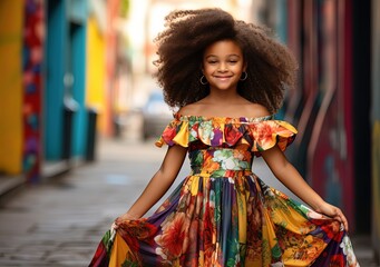 African girl wearing flower blossom pattern dress walking happily on city street, Generative Ai