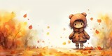Fototapeta Dziecięca - watercolor style illustration cute teddy bear girl walking in autumn forest, Generative Ai