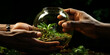 Hand hält Pflanze in der Glaskugel für den Naturschutz auf dunklen Hintergrund für die Natur retten Nahaufnahme, ai generativ