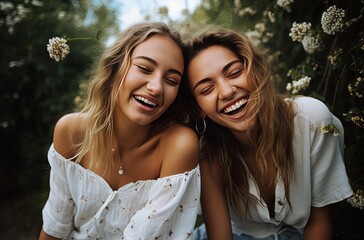 two girls smiling sitting together in  romantic flower garden, idea for best friend and LGBTQ lover, Generative Ai