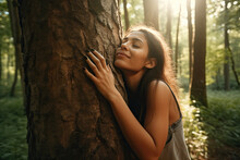 Conscious Environment: Young Woman Hugging A Tree In The Forest
