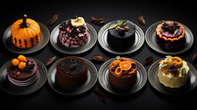 Original and elegant desserts inspired by Halloween. Creative Halloween sweets decorated with pumpkins, skulls, spiders, cobwebs, bats...