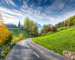 Wall Mural - gorgeous autumn view on suburb of stansstad city and lucerne lake with mountaines and fog