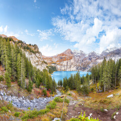 Wall Mural - amazing autumn view of oeschinensee lake.