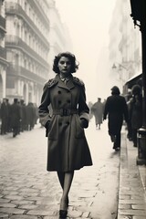 woman walking through Paris in 1950, vintage monochromatic