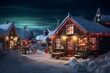 A magical christmas winter scene at the North Pole, where Santa's workshop twinkles with fantastical holiday lights