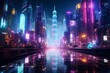 A sprawling cyberpunk cityscape bathed in the neon glow of holographic billboards and hovering vehicles, where towering skyscrapers pierce the smog-filled skies