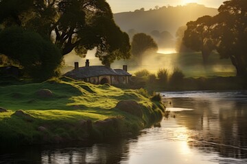 Wall Mural - A peaceful green meadow with a lovely town house bathed in the soft light of dawn