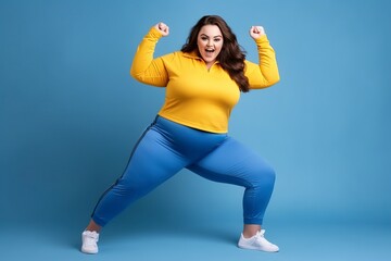 young happy full body plus size fat woman doing exercise