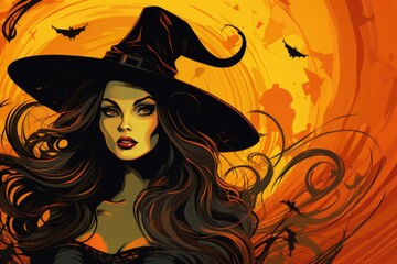 Wall Mural - Magic gothic enchanted witch woman evil fairy cartoon character girl wearing dress in Happy Halloween spooky scary fantasy fall scene with full moon creepy horror night light background. Copy space.