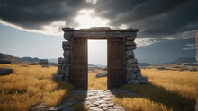 An Isolated Ancient Wood And Brick Doorway Standing In The Middle Of A Vast Grassland..