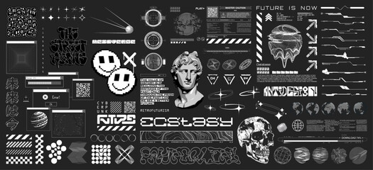 Futuristic typeface graphic in sci-fi art style, lettering, HUD and y2k elements. Cyberpunk art graphic box for streetwear, t-shirt, typography, merch. Translation from Japanese - the future is now
