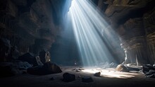 Light Rays Shining Inside Cave. Generative AI