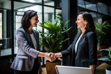 Wall Mural - Happy middle aged business woman meets its client and shakes hands in a modern office. Smiling female executive manager shaking hands with client before meeting in start up office