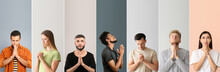 Set Of Praying People On Color Background