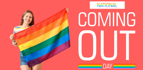 Poster - Banner for National Coming Out Day with young woman and rainbow flag