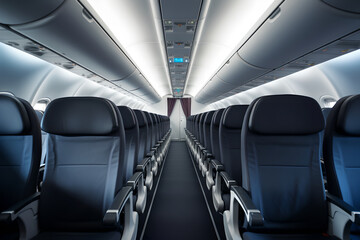 Empty passenger seats inside a modern airplane, reflecting the comfort and spaciousness of air travel