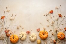 Happy Thanksgiving Season Celebration Traditional Pumpkins On Decorated Pastel Table Fall Leaves Background. Halloween Decorations Wood Autumn Cozy Flat Lay, Top View, Copy Space.