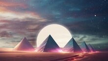An Animated Pyramid Desert Landscape With Swirling Stars, And Moon Motif In The Distance. 