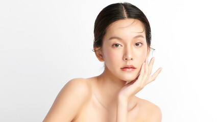 Wall Mural - Beautiful young asian woman with clean fresh skin on white background, Face care, Facial treatment, Cosmetology, beauty and spa, Asian women portrait.