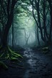 © Synthetica - Misty spooky forest background, gloomy trees in scary horror foggy woods Happy Halloween dark night creepy nature mist fantasy atmosphere mystery dramatic landscape fall nightmare scenery. Copy space
