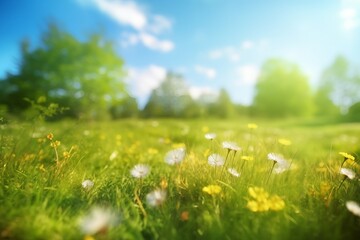 Beautiful meadow field with fresh grass and yellow dandelion flowers in nature against a blurry blue sky with clouds. Summer spring perfect natural landscape. gerenative ai.