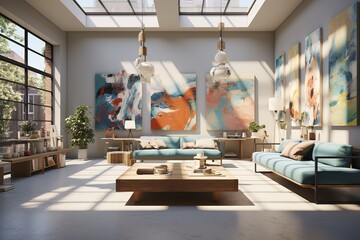 Artistic Gallery Living Room with gallery-style lighting, floating artwork, and a gallery-worthy, artistic interior. Artistic gallery home decor. Template