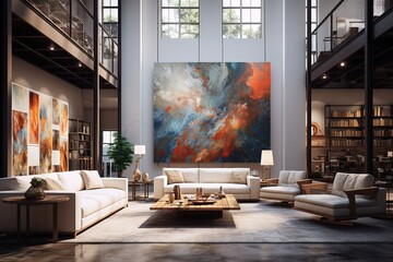 Artistic Gallery Living Room with gallery-style lighting, floating artwork, and a gallery-worthy, artistic interior. Artistic gallery home decor. Template