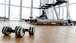 © I - dumbbells in the gym on the floor, the concept of proper nutrition and fitness, a place for the inscription