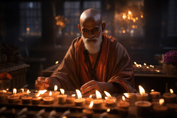 Poster - A Hindu priest performing a traditional Diwali puja ceremony at a temple. Generative Ai.