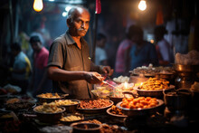 A Vendor Selling Traditional Indian Sweets And Snacks At A Bustling Diwali Market. Generative Ai.