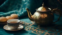 Rich Teal And Gold Tones Highlighting A Moroccan Tea Set On A Patterned Rug. Traditional National Culture Concept. Generative AI