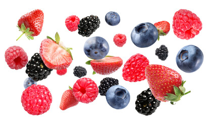 Wall Mural - Many different berries flying on white background