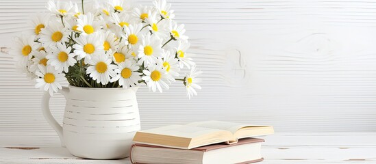 Scandinavian style home interior with a daisy bouquet, clay jug, and motivational frame on a white wooden plank background, along with a book and candle.