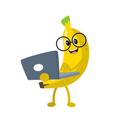 Vector cute banana work on laptop cartoon fruit icon illustration