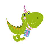 Fototapeta Dinusie - Vector funny birthday t-rex cartoon character with a party hat holding a gift box vector illustration