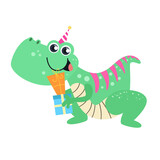Fototapeta Dinusie - Vector funny birthday dinosaur cartoon character with a party hat holding a gift box