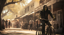 Man Dressed As A Skeleton Riding A Bicycle - Halloween 