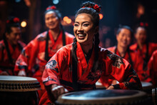 A Traditional Japanese Taiko Drumming Ensemble, With Performers In Vibrant Costumes. Generative Ai.