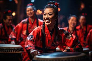 A traditional Japanese Taiko drumming ensemble, with performers in vibrant costumes. Generative Ai.