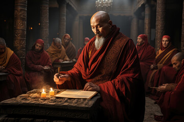 Poster - A Tibetan monk reciting ancient Buddhist parables to a gathering of monks and pilgrims. Generative Ai.