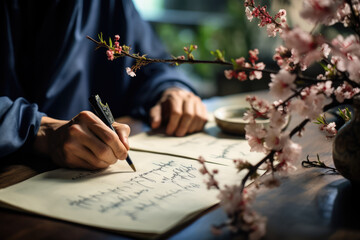 Canvas Print - a close-up of a person's hand composing haiku poems, an art form of concise storytelling in japan. g