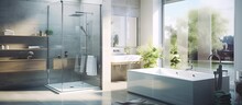 Modern Bathroom With A Tiled Bathtub And Clear Shower Cabin, Illuminated By Sunlight During The Day At Home.