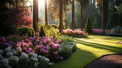 luxury landscape design with green manicured lawn, beautiful flower beds and path. 