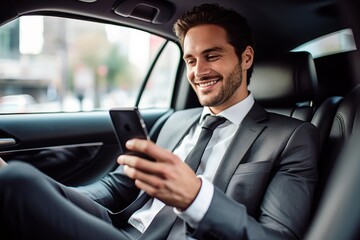 Businessman inside of a car looking at the mobile phone or using mobile phone.